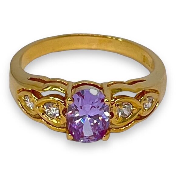 Vintage Ring Size 5 Purple Cubic Zirconia Accents 14K Gold Plate Mid-Century 14J - Picture 10 of 10